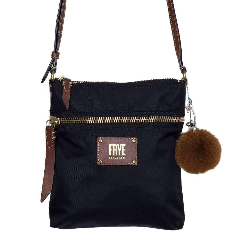FRYE Ivy Black Nylon Crossbody Bag w Brown Leather Trim and Fur Pom Bag Charm